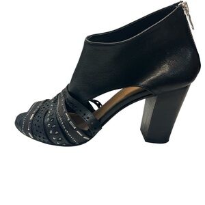 Italian Leather Peep Toe Black Chunky Heel Beaded Peep-Toe Sandals, size 41